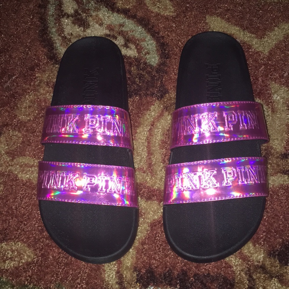 PINK Holographic Double Strap Sandals
